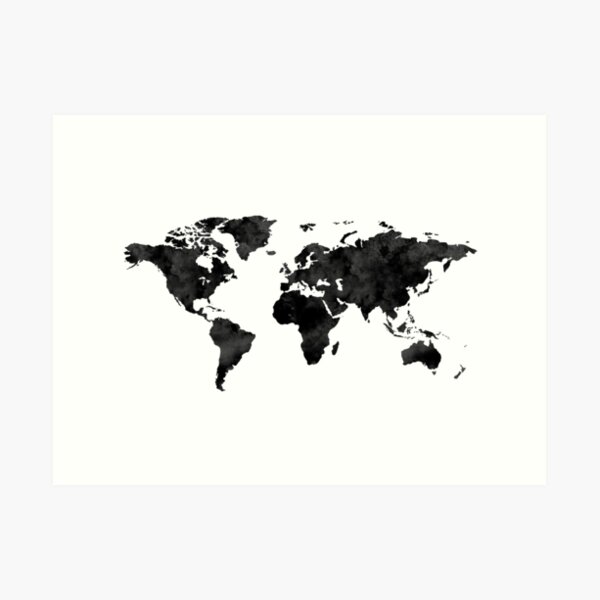 Watercolor World Map / Black and White Art Print