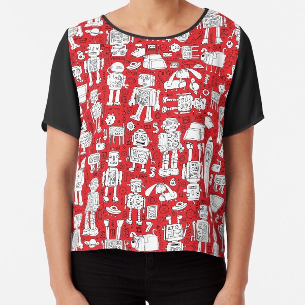 Robot Pattern - Red and White - fun pattern by Cecca Designs Chiffon Top