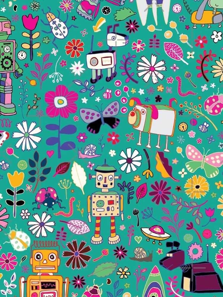 Electric Dreams - pink and turquoise - floral robot fun pattern by Cecca Designs by Cecca-Designs
