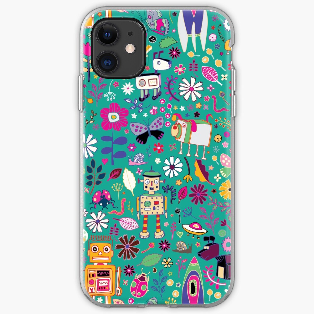 Electric Dreams - pink and turquoise - floral robot fun pattern by Cecca Designs iPhone Case & Cover
