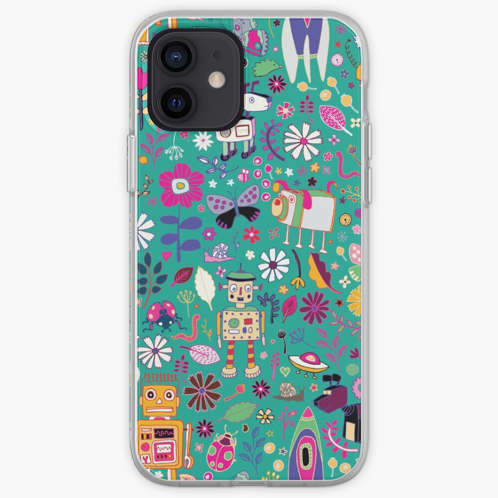 Electric Dreams - pink and turquoise - floral robot fun pattern by Cecca Designs iPhone Case & Cover