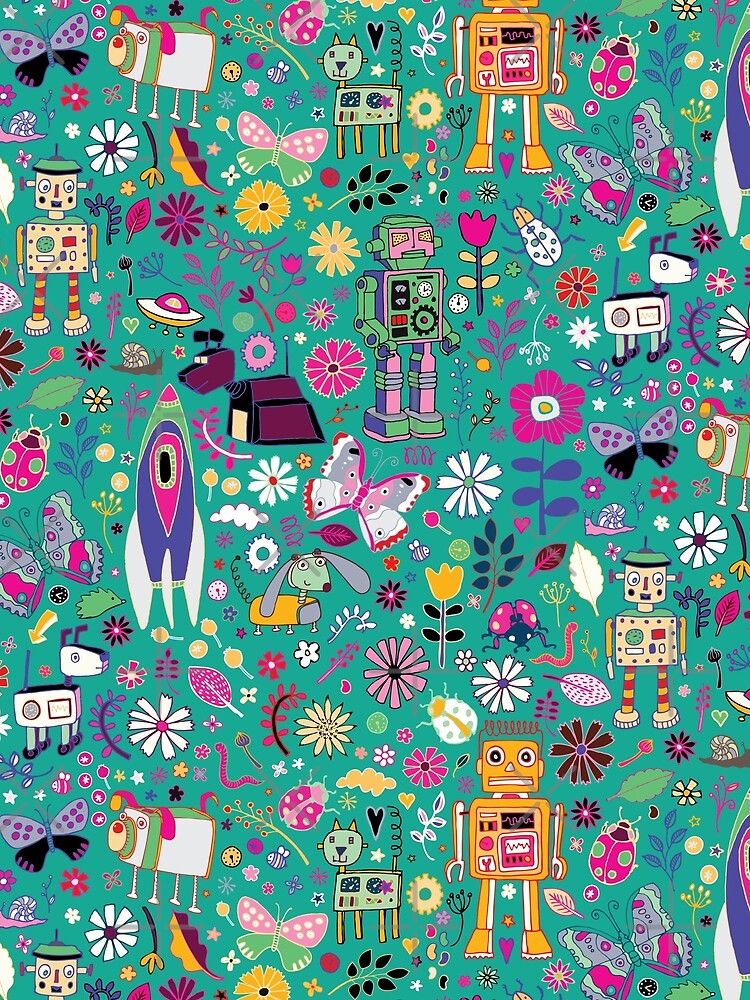Electric Dreams - pink and turquoise - floral robot fun pattern by Cecca Designs by Cecca-Designs