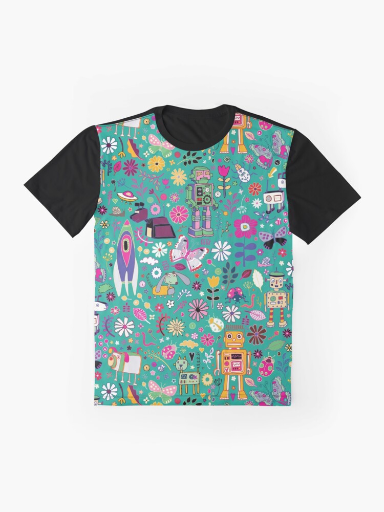 Alternate view of Electric Dreams - pink and turquoise - floral robot fun pattern by Cecca Designs Graphic T-Shirt