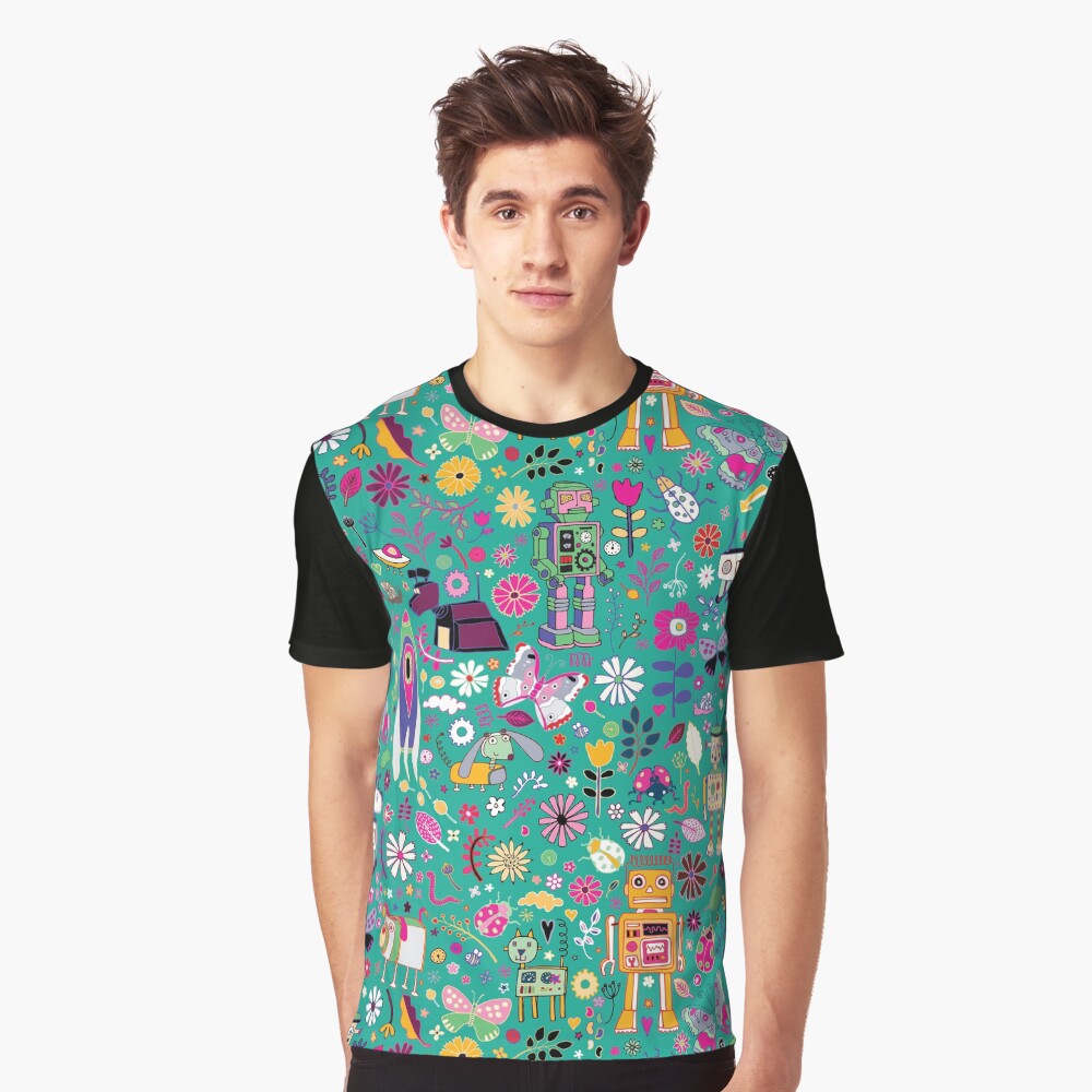 Electric Dreams - pink and turquoise - floral robot fun pattern by Cecca Designs Graphic T-Shirt