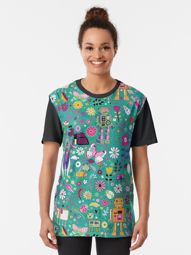 Alternate view of Electric Dreams - pink and turquoise - floral robot fun pattern by Cecca Designs Graphic T-Shirt