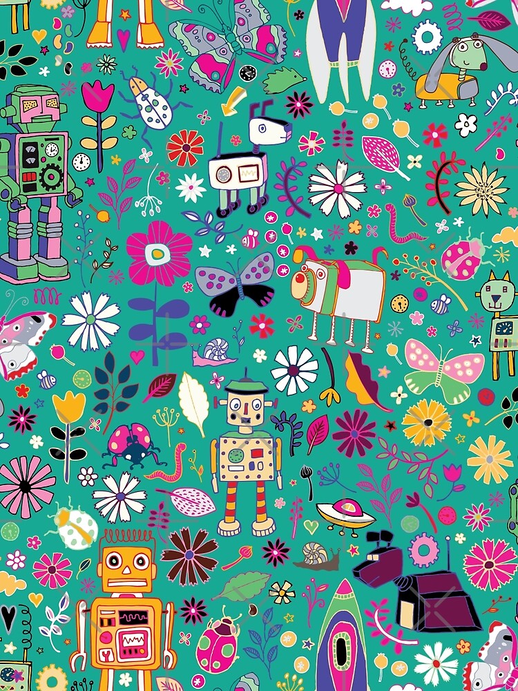 Electric Dreams - pink and turquoise - floral robot fun pattern by Cecca Designs by Cecca-Designs