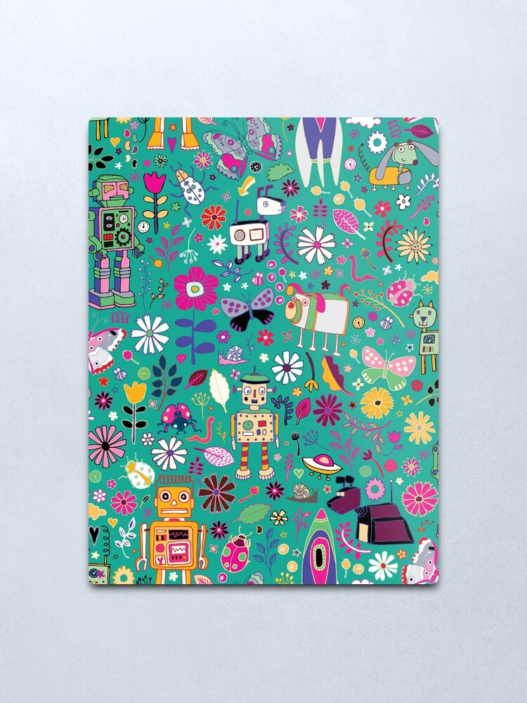 Alternate view of Electric Dreams - pink and turquoise - floral robot fun pattern by Cecca Designs Metal Print