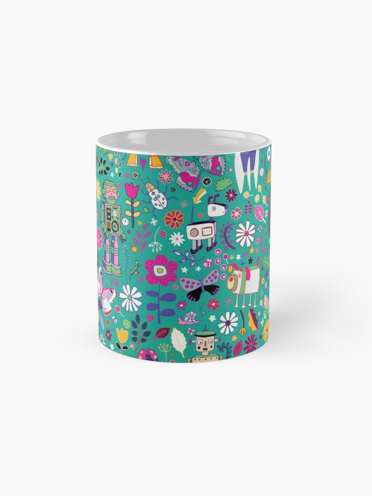 Alternate view of Electric Dreams - pink and turquoise - floral robot fun pattern by Cecca Designs Mug