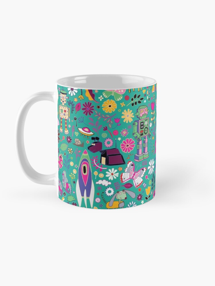 Alternate view of Electric Dreams - pink and turquoise - floral robot fun pattern by Cecca Designs Mug