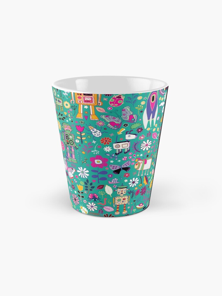 Thumbnail 2 of 4, Coffee Mug, Electric Dreams - pink and turquoise - floral robot fun pattern by Cecca Designs designed and sold by Cecca-Designs.