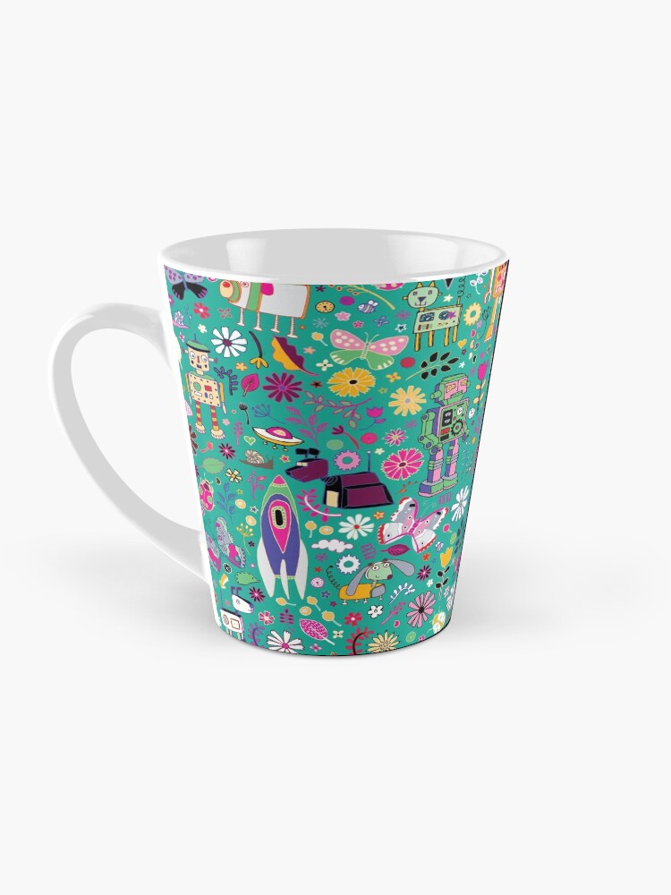 Thumbnail 3 of 4, Coffee Mug, Electric Dreams - pink and turquoise - floral robot fun pattern by Cecca Designs designed and sold by Cecca-Designs.