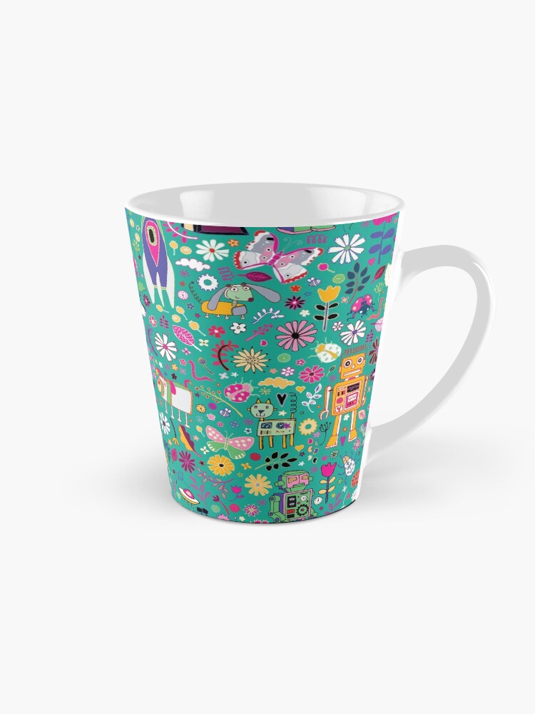 Thumbnail 1 of 4, Coffee Mug, Electric Dreams - pink and turquoise - floral robot fun pattern by Cecca Designs designed and sold by Cecca-Designs.