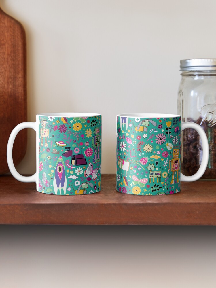 Alternate view of Electric Dreams - pink and turquoise - floral robot fun pattern by Cecca Designs Mug