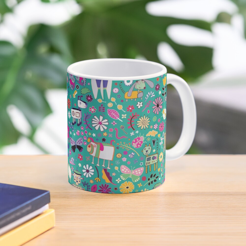 Electric Dreams - pink and turquoise - floral robot fun pattern by Cecca Designs Mug