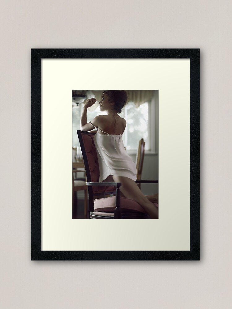Sensual romantic portrait of sexy young woman in underwear leaning on  armchair art photo print Framed Art Print for Sale by AwenArtPrints