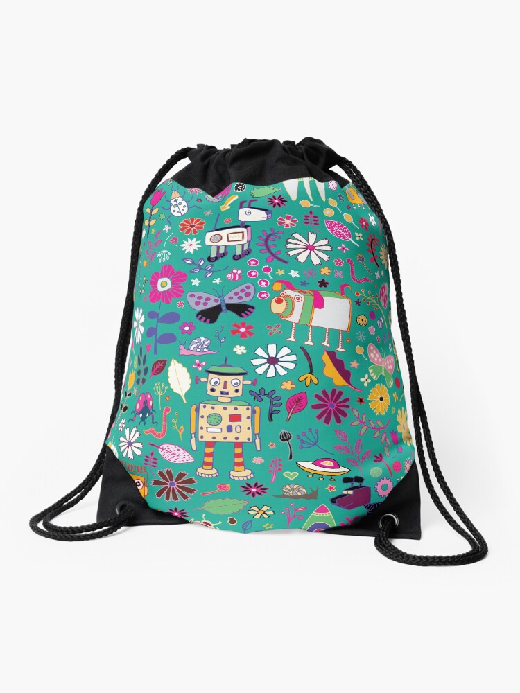 Thumbnail 1 of 3, Drawstring Bag, Electric Dreams - pink and turquoise - floral robot fun pattern by Cecca Designs designed and sold by Cecca-Designs.