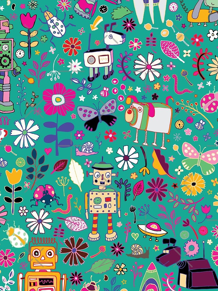 Thumbnail 3 of 3, Drawstring Bag, Electric Dreams - pink and turquoise - floral robot fun pattern by Cecca Designs designed and sold by Cecca-Designs.