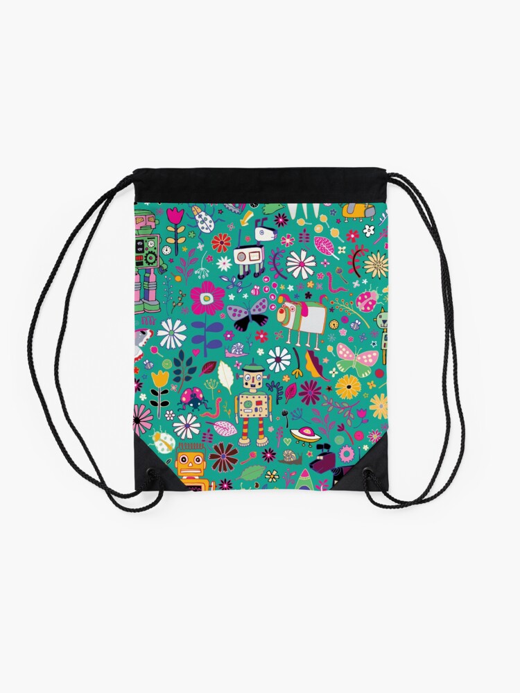 Thumbnail 2 of 3, Drawstring Bag, Electric Dreams - pink and turquoise - floral robot fun pattern by Cecca Designs designed and sold by Cecca-Designs.