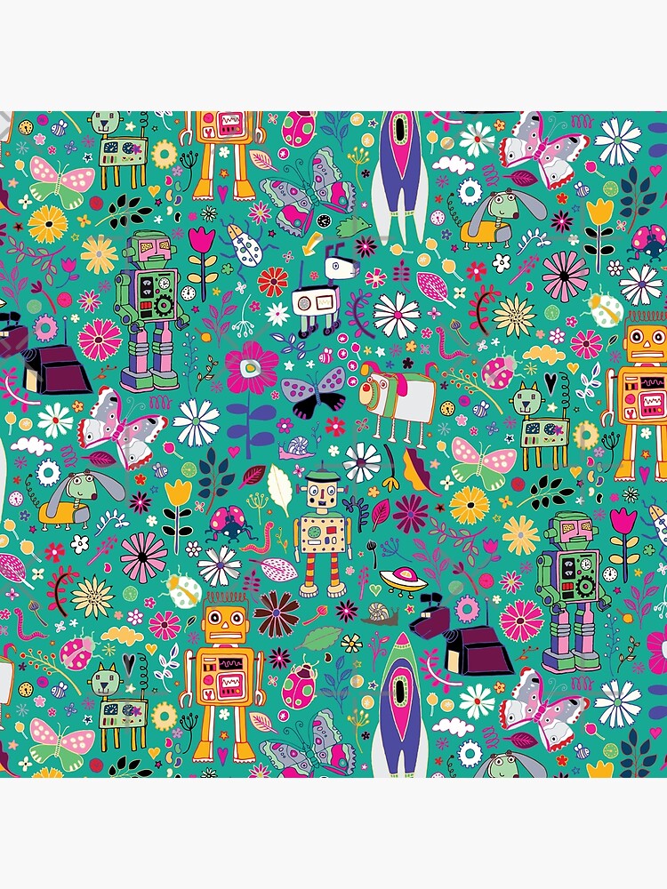 Electric Dreams - pink and turquoise - floral robot fun pattern by Cecca Designs by Cecca-Designs