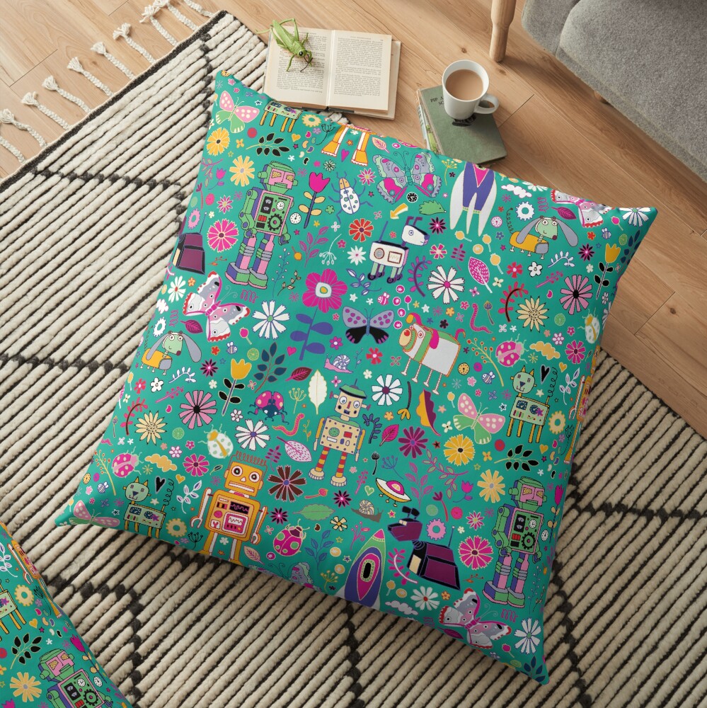Electric Dreams - pink and turquoise - floral robot fun pattern by Cecca Designs Floor Pillow