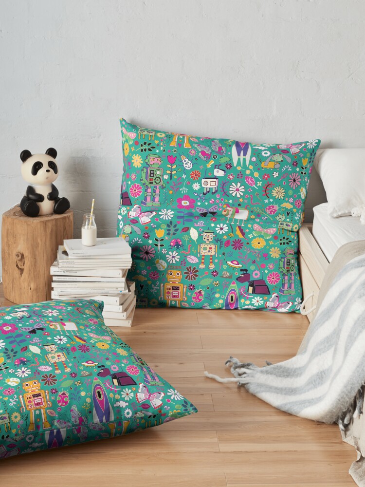 Alternate view of Electric Dreams - pink and turquoise - floral robot fun pattern by Cecca Designs Floor Pillow
