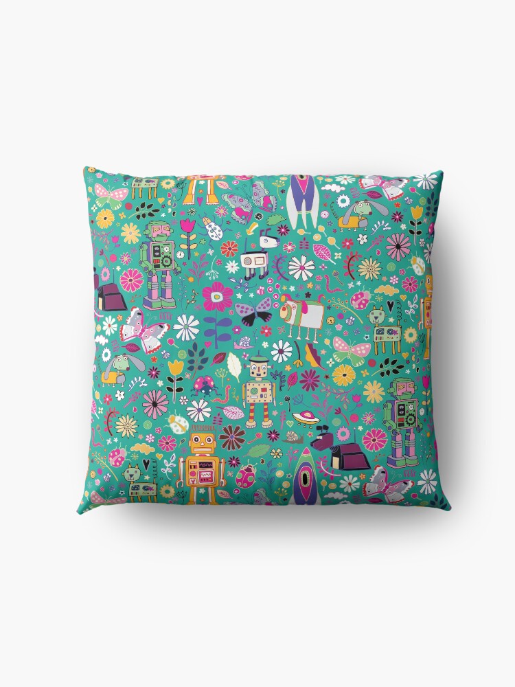 Alternate view of Electric Dreams - pink and turquoise - floral robot fun pattern by Cecca Designs Floor Pillow
