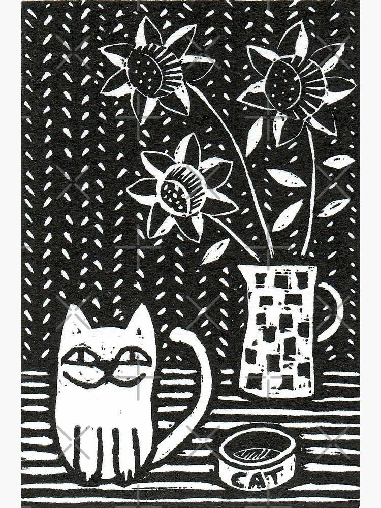 Thumbnail 2 of 2, Greeting Card, Happy Cat - Original Wood engraving by Francesca Whetnall designed and sold by Cecca-Designs.