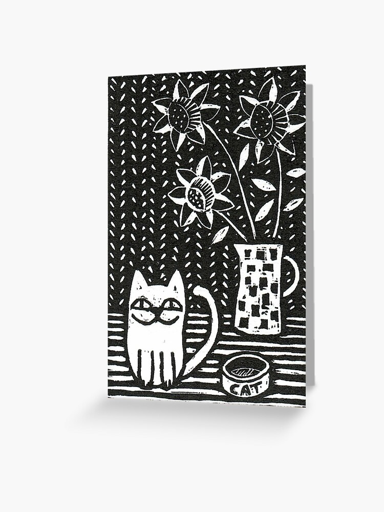Thumbnail 1 of 2, Greeting Card, Happy Cat - Original Wood engraving by Francesca Whetnall designed and sold by Cecca-Designs.