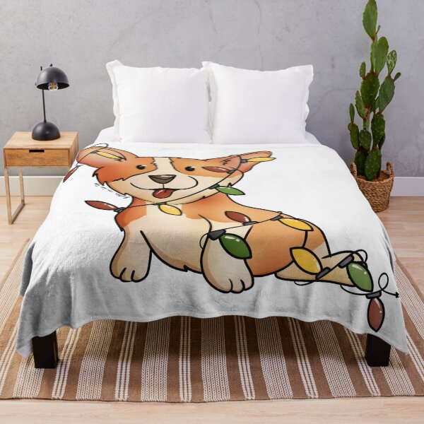Little Cute Corgi Tangled in Christmas Lights On white Throw Blanket