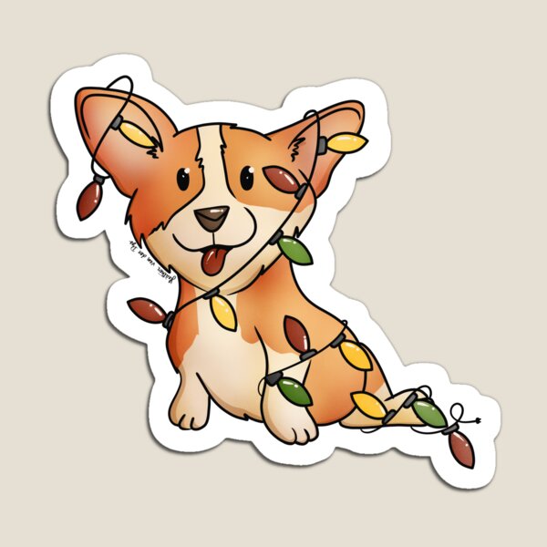 Little Cute Corgi Tangled in Christmas Lights On white Magnet