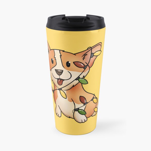 Copy of Little Cute Corgi Tangled in Christmas Lights On Yellow Travel Coffee Mug