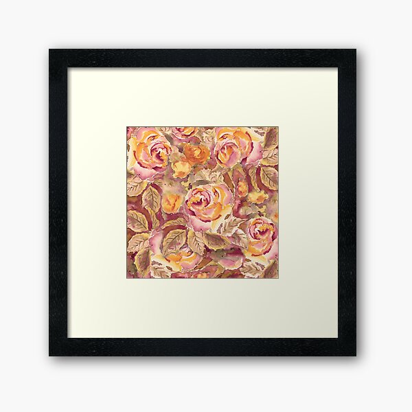 Watercolor Hand-Painted Red Yellow Autumn Fall Roses Framed Art Print