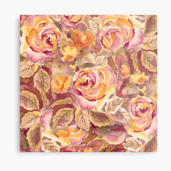 Watercolor Hand-Painted Red Yellow Autumn Fall Roses Metal Print