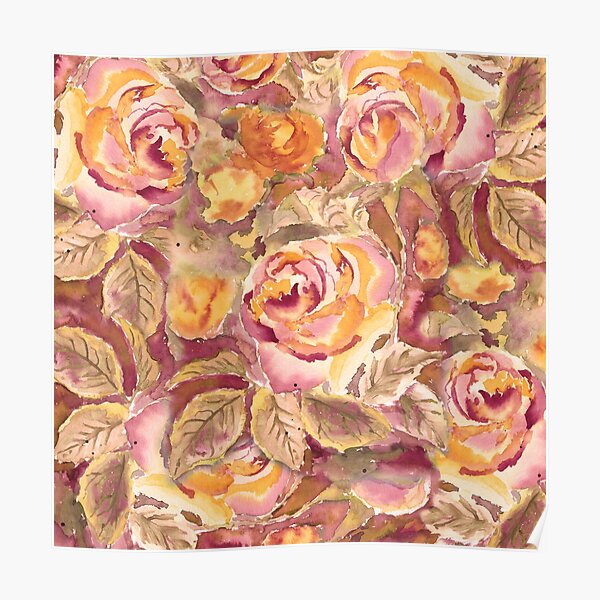 Watercolor Hand-Painted Red Yellow Autumn Fall Roses Poster