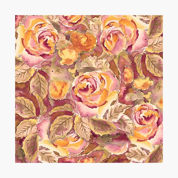 Watercolor Hand-Painted Red Yellow Autumn Fall Roses Photographic Print