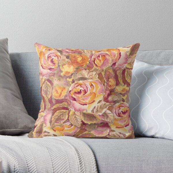 Watercolor Hand-Painted Red Yellow Autumn Fall Roses Throw Pillow