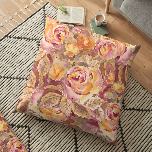 Watercolor Hand-Painted Red Yellow Autumn Fall Roses Floor Pillow