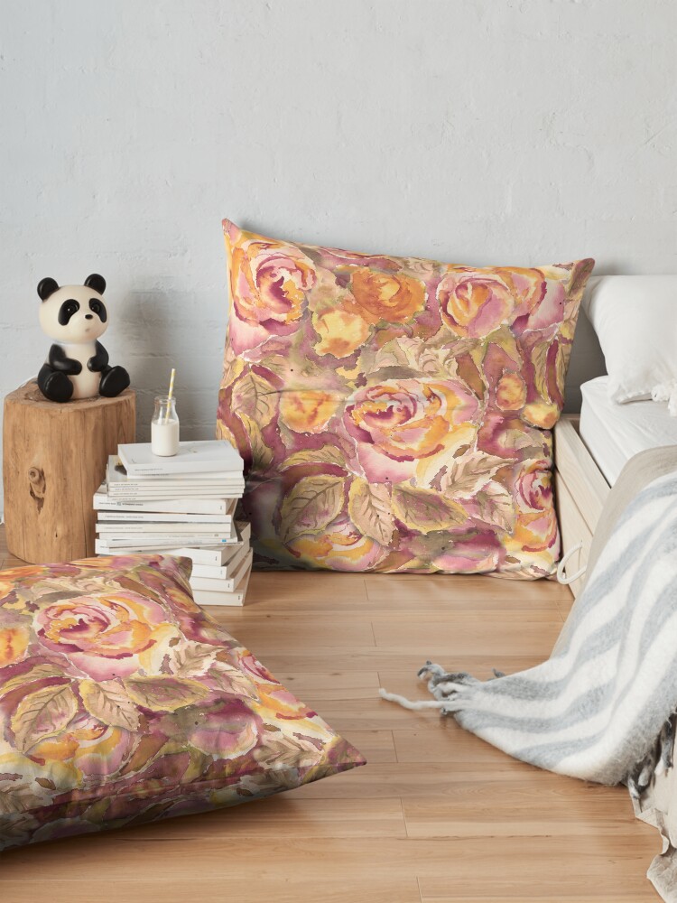 Alternate view of Watercolor Hand-Painted Red Yellow Autumn Fall Roses Floor Pillow