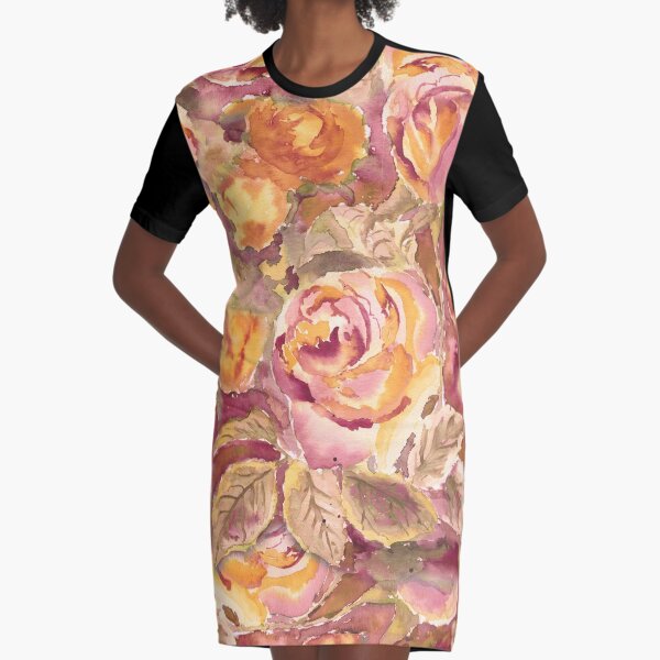 Watercolor Hand-Painted Red Yellow Autumn Fall Roses Graphic T-Shirt Dress