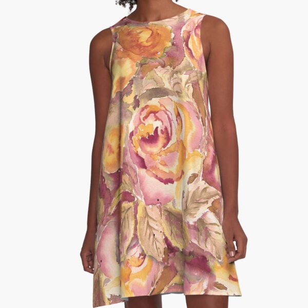 Watercolor Hand-Painted Red Yellow Autumn Fall Roses A-Line Dress