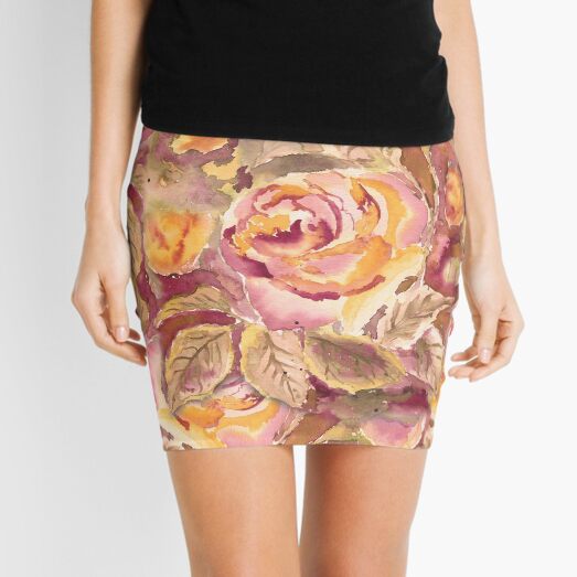 Watercolor Hand-Painted Red Yellow Autumn Fall Roses Mini Skirt
