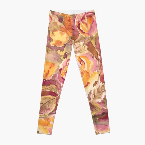 Watercolor Hand-Painted Red Yellow Autumn Fall Roses Leggings