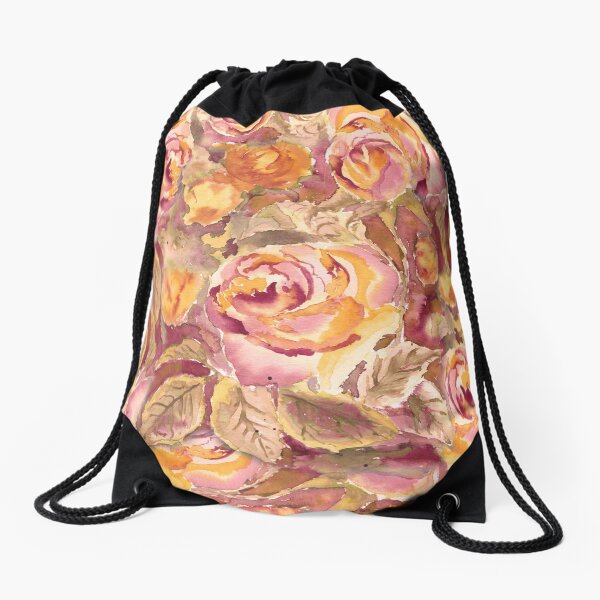 Watercolor Hand-Painted Red Yellow Autumn Fall Roses Drawstring Bag