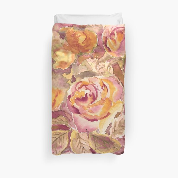 Watercolor Hand-Painted Red Yellow Autumn Fall Roses Duvet Cover