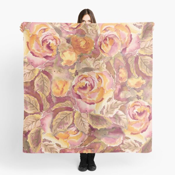 Watercolor Hand-Painted Red Yellow Autumn Fall Roses Scarf