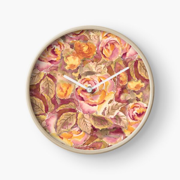 Watercolor Hand-Painted Red Yellow Autumn Fall Roses Clock