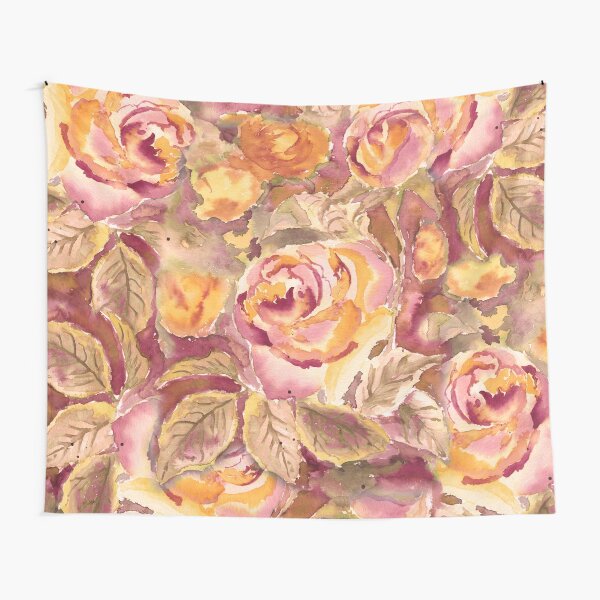 Watercolor Hand-Painted Red Yellow Autumn Fall Roses Tapestry