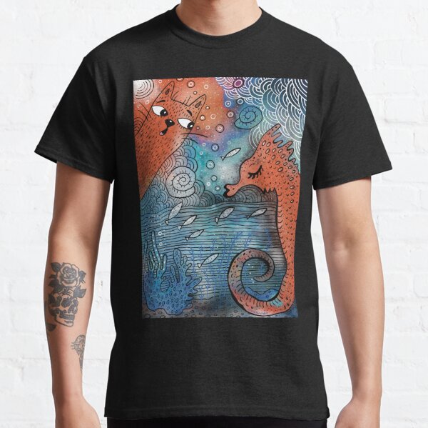 Cat in water, sea ​​Horse, marine life Classic T-Shirt
