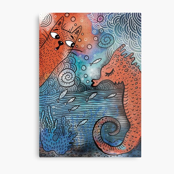 Cat in water, sea ​​Horse, marine life Metal Print