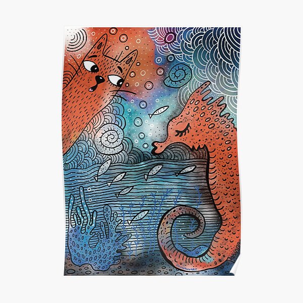 Cat in water, sea ââHorse, marine life Poster